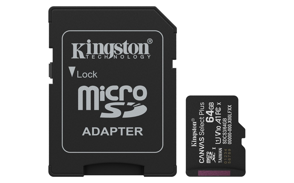 MICRO-SD SDCS3 KINGSTON 64GB CANVAS Select Plus Gen3 100MBs with Adapter